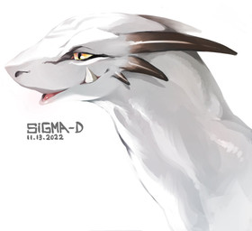 ambiguous_gender black_horn eyelashes facial_spikes fangs feral glistening glistening_body glistening_eyes horn looking_at_viewer markings multicolored_body pupils sharp_teeth side_view simple_background slit_pupils smile snout solo spikes spikes_(anatomy) teeth text three-quarter_view tongue white_background white_body white_ears yellow_eyes sigma-d mythology white_dragon_(sigma-d) dragon mythological_creature mythological_scalie scalie 2022 artist_name bust_portrait dated digital_media_(artwork) headshot_portrait hi_res portrait shaded signature