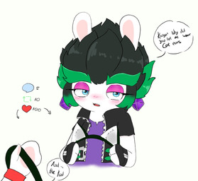 3_fingers amethyst_(gem) anthro arms_bent asking asking_another belt black_clothing black_gloves black_hair black_handwear black_jacket black_topwear blue_eyes blush blush_lines clothed clothed_anthro clothed_female clothing dialogue directional_arrow duo ear_piercing exclamation_point eyebrows eyelashes female female_anthro fingers fur gem gloves green_belt green_hair hair half-closed_eyes hand_pawpads handwear holding_fake_ears holding_fake_tail holding_object jacket light long_ears looking_at_viewer mitten_hands mostly_offscreen_anthro mostly_offscreen_character multicolored_hair name_drop name_in_dialogue narrowed_eyes noseless open_belt open_mouth pawpads piercing purple_clothing purple_ear_piercing purple_eyelids purple_shirt purple_topwear question red_wristband sharp_teeth shirt short_hair simple_background solo_focus speech_bubble spiky_hair tan_inner_ear tan_pawpads teeth text thick_eyebrows topwear torn_clothing torn_shirt torn_topwear two_tone_hair white_background white_body white_fur yelling yelling_at_another peypey_mei1925 mario_bros mario_plus_rabbids_sparks_of_hope nintendo raving_rabbids rayman_(series) twitter ubisoft edge_(mario_plus_rabbids) kanya_(mario_plus_rabbids) lagomorph mammal rabbid 2024 colored crossover digital_drawing_(artwork) digital_media_(artwork) english_description english_text hi_res lighting shaded