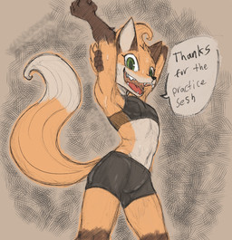 anthro bodily_fluids bottomwear bra brown_body brown_fur clothing countershade_torso countershading dipstick_tail fangs female flat_chested fur gloves green_eyes hand_behind_head handwear leg_markings markings navel orange_body orange_fur raised_arm shorts slim_anthro slim_female smile socks_(marking) solo spats sports_bra stretching sweat tail tail_markings talking_to_viewer teeth text underwear chamma_retsuden dungeons_of_aether rivals_of_aether fleet_(dungeons_of_aether) canid canine fox mammal 2026 absurd_res digital_drawing_(artwork) digital_media_(artwork) english_text hi_res