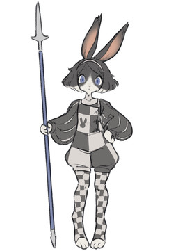 accessory anthro black_body black_clothing black_fur black_hair blue_eyes checkered checkered_clothing clothing ear_tuft female fur hair hair_accessory hairband hand_on_hip holding_melee_weapon holding_object holding_polearm holding_spear holding_weapon landsknecht long_sleeves looking_at_viewer melee_weapon multicolored_body multicolored_fur multicolored_hair pattern_clothing polearm puffy_shorts puffy_sleeves solo spear standing stirrup_legwear striped_clothing stripes tuft weapon white_body white_clothing white_fur white_hair wide_eyed tateoftot lagomorph leporid mammal rabbit hi_res