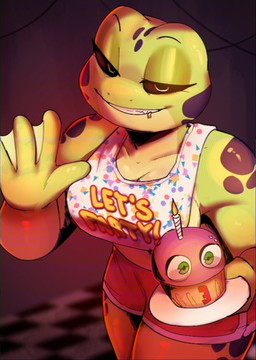anthro big_breasts bottomwear breasts clothing cosplay female female_anthro front_view gesture green_body high-angle_view membrane_(anatomy) muscular muscular_anthro muscular_female non-mammal_breasts shorts smile smiling_at_viewer waving waving_at_viewer webbed_hands conditional_dnp sonokido five_nights_at_freddy's five_nights_at_freddy's_2 scottgames ventura_city_drifters cupcake_(fnaf) olea_nightshade amphibian frog 2025 digital_media_(artwork) english_description