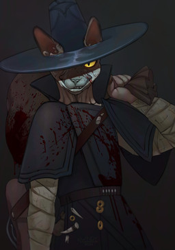 ambiguous_gender anthro blood blood_drip blood_on_clothing blood_splatter bodily_fluids clothing coat coin crossbow dripping ears_through_headwear eye_focus face_in_shadow hairless hunter looking_at_viewer one_eye_obstructed ranged_weapon sack simple_background smile smirk solo topwear weapon wide_brim_hat wrapped_arms windadragon the_honorable_liminal_hunter_mau domestic_cat felid feline felis hairless_cat mammal sphynx_(cat) 2024 hi_res signature