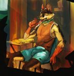 anthro blue_eyes bulge classroom clothed clothing countershading detailed_bulge erection erection_under_clothing genital_outline inside leaking male penis_outline public public_erection school shirt solo tank_top tense topwear orioz canid canine canis domestic_dog mammal wolf hi_res