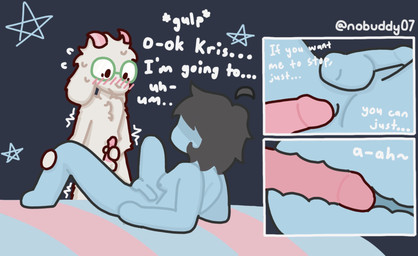anal anal_penetration anthro balls bed bedding bedroom bedroom_sex black_hair blue_body blush bodily_fluids breasts dialogue duo eyewear eyewear_only fluffy front_view fur furniture genitals glasses glasses_only gynomorph gynomorph/male hair hand_on_leg hand_on_penis holding_penis horn imminent_penetration imminent_sex internal internal_anal intersex intersex/male lying male moan nervous nude nude_anthro nude_human nude_male penetration penis pink_horn pink_penis side_view small_breasts spread_legs spreading star sweat text tremble_spikes wearing_glasses white_body white_fur x-ray_view nobuddy deltarune undertale_(series) kris_dreemurr ralsei bovid caprine goat human mammal english_text hi_res nonbinary_(lore)
