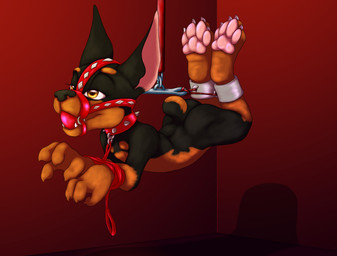 4_fingers 4_toes amber_eyes anthro arms_tied ball_gag bdsm black_body black_fur bound brown_body brown_fur butt collar detailed_background feet female fingers fur gag harness inside leash legs_tied loli multicolored_body muzzle_(object) muzzled nude pawpads paws pink_pawpads short_tail soles solo spiked_collar spikes suspension tail toes two_tone_body young young_anthro sogaroth canid canine canis dobermann domestic_dog mammal pinscher 2017 digital_media_(artwork) hi_res