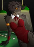 anthro bedroom_eyes billiard_table brown_body brown_scales bulge cigarette cigarette_smoke claws clothed clothing crossdressing detailed_bulge fangs femboy furniture horn leaning_on_table male narrowed_eyes one-piece_swimsuit pupils red_eyes red_outfit scales seductive slit_pupils smoke solo swimwear table teeth wive fallout microsoft ashe_colter deathclaw reptile scalie hi_res