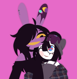ahoge anthro beanie big_ears black_choker black_clothing black_hair black_jewelry black_necklace black_topwear choker clothing duo female flannel_jacket fur grey_beanie grey_clothing grey_hat grey_headwear grey_shirt grey_tank_top grey_topwear hair hair_over_eye hand_on_another's_head hat headgear headwear humanoid_hands jewelry long_hair medium_hair necklace off-shoulder_top pink_background purple_body purple_fur shirt simple_background smile smiling_at_another tank_top topwear pupn1k glitch_productions the_amazing_digital_circus gooseworx's_post-transition_jax_design jax_(tadc) pomni_(tadc) humanoid lagomorph leporid mammal rabbit 2026 digital_media_(artwork) hi_res trans_(lore) trans_woman_(lore)