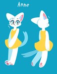 anthro blue_background cheek_tuft clothing dress facial_tuft female fur head_tuft inner_ear_fluff pawpads pink_pawpads simple_background solo tuft white_body white_fur yellow_clothing yellow_dress hydrabb anne_(hydrabb) domestic_cat felid feline felis mammal 2022 digital_media_(artwork) lineless