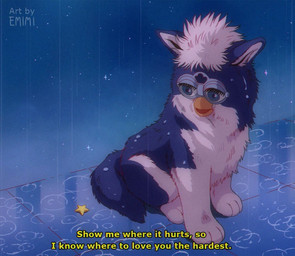 beak blue_body blue_fur eyelashes feral floor fur quadruped raining sitting solo text tile tile_floor emimi furby english_text