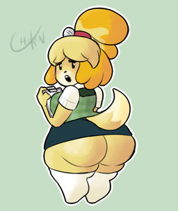 anthro big_butt black_eyes black_nose blush blush_stickers bottom_heavy bottomwear butt clipboard clothed clothing dipstick_tail female fur green_background green_bottomwear green_clothing green_skirt green_topwear green_vest holding_clipboard holding_object huge_butt legwear looking_at_viewer looking_back looking_back_at_viewer markings open_mouth rear_view simple_background skirt solo tail tail_markings tan_body tan_fur thick_thighs thigh_highs topwear vest white_clothing white_legwear white_thigh_highs white_topwear wide_hips yellow_body yellow_fur buterchikin animal_crossing nintendo isabelle_(animal_crossing) canid canine canis domestic_dog mammal shih_tzu toy_dog hi_res