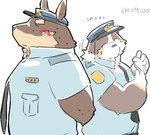 anthro black_nose blush bodily_fluids brown_body brown_fur clothing duo eyes_closed fur hat headgear headwear humanoid_hands kemono male necktie overweight overweight_anthro overweight_male police police_hat police_uniform shirt simple_background sweat text topwear uniform white_background kisukemk777 bernese_mountain_dog canid canine canis domestic_dog mammal molosser mountain_dog swiss_mountain_dog 2021 japanese_text