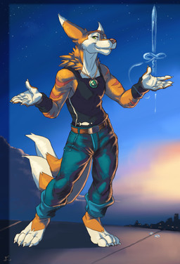 4_toes 5_fingers anthro athletic athletic_anthro athletic_male barefoot belt bottomwear bracelet claws clothing dagger denim denim_bottomwear denim_clothing digitigrade dipstick_ears dipstick_tail ear_markings feet fingers fur gesture jeans jewelry magic male markings melee_weapon multi_tail multicolored_ears multicolored_tail neck_tuft orange_body orange_fur pants pendant rolled_up_pants shirt shrug smile smirk solo sunrise tail tail_markings tank_top toes topwear tuft weapon dahecksajerry canid canine canis fox hybrid mammal wolf 2016 colored shaded