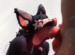 ambiguous_gender anthro balls black_body black_fur brown_body brown_fur deep_throat duo fur genitals internal internal_oral kneeling_oral_position male male/ambiguous oral oral_penetration penetration penis red_eyes simple_background translucent translucent_body kurojojo mantucat canid canine canis domestic_dog husky mammal nordic_sled_dog spitz hi_res