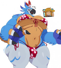 anthro anthro_focus beak big_bulge big_butt big_muscles big_pecs bikini blonde_hair blue_body blue_feathers bodily_fluids bulge butt clothed clothing crossdressing cutaway duo expression_cutaway feather_hands feathers fem-man femboy floral_print front_view gesture hair hand_gesture huge_pecs humanoid_pointy_ears male male_focus muscular muscular_anthro muscular_femboy muscular_male pecs pointy_ears simple_background solo_focus sweat sweatdrop swimwear thick_thighs thumbs_up two-piece_swimsuit white_background yellow_body yellow_eyes yellow_feathers sssonic2 breath_of_the_wild nintendo the_legend_of_zelda kass_(tloz) link avian bird humanoid hylian rito 2025 digital_media_(artwork) hi_res portrait three-quarter_portrait