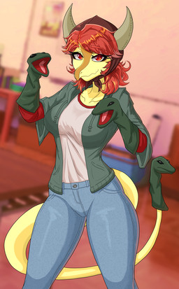 anthro big_breasts biped blurred_background bottomwear breasts clothed clothing denim denim_bottomwear denim_clothing detailed_background eyebrow_through_hair eyebrows fake_horns female front_view green_clothing green_jacket green_topwear hair jacket jeans long_hair looking_at_viewer non-mammal_breasts open_clothing open_jacket open_topwear orange_body pants puppet red_eyes red_hair shirt smile solo standing topwear translucent translucent_hair white_clothing white_shirt white_topwear yellow_body i_am_indistress cavemanon_studios puppet_pals snoot_game schizo_chan_(snoot_game) compsognathid compsognathus dinosaur prehistoric_species reptile saurischian scalie theropod 2025 absurd_res colored hi_res portrait shaded three-quarter_portrait