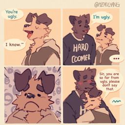 4_panel_comic anthro black_body black_eyes black_fur dialogue duo floppy_ears frown fur male text white_body white_fur hemuchang pots_(hemuchang) shin_(hemuchang) canid canine canis domestic_dog felid mammal pantherine 1:1 2022 comic english_text hi_res