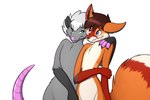 anthro arched_eyebrow duo ear_piercing embarrassed excited fluffy fluffy_tail hand_on_shoulder holding_arm love male male/male piercing romantic romantic_couple seductive smile tail teasing teasing_look touching_thigh tomek1000 ferox_(feroxdoon) feroxdoon xander_(barleychee) american_opossum canid canine fox mammal marsupial red_fox true_fox virginia_opossum 3:2 nonbinary_(lore)