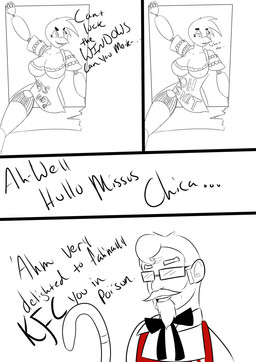 anthro apron big_breasts breasts clothing female machine non-mammal_breasts thatgrouchybadger five_nights_at_freddy's kfc scottgames chica_(fnaf) colonel_sanders animatronic avian bird chicken galliform phasianid robot hi_res monochrome