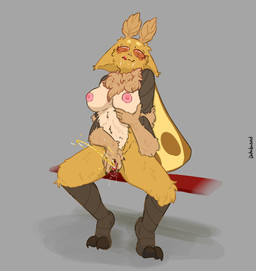 antennae_(anatomy) anthro belly bench big_breasts bodily_fluids breast_squish breasts claws dripping dripping_vulva eyebrows female fluffy_belly fluid_on_face fur genital_fluids genitals grippers hands_behind_back holding_breast licking licking_lips looking_at_viewer neck_tuft on_bench orange_eyes pussy_juice_drool sitting sitting_on_bench smile smirk solo spread_legs spread_vulva spreading squish tan_body tan_fur toe_claws tongue tongue_out tuft urine vulva watersports white_belly white_body white_eyebrows white_fur wings yellow_body yellow_fur yellow_wings databased fan_character arthropod insect lepidopteran moth hi_res