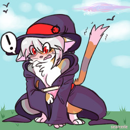 anthro blush breasts clothing cloud female female_anthro fur grass grey_body grey_fur hair hat headgear headwear orange_body orange_fur outside plant portal red_eyes sky solo surprised white_body white_fur white_hair witch_hat bunnibeatz arcanis_(hahaluckyme) ambient_bird calico_cat domestic_cat felid feline felis mammal 1:1 2018 absurd_res digital_drawing_(artwork) digital_media_(artwork) hi_res