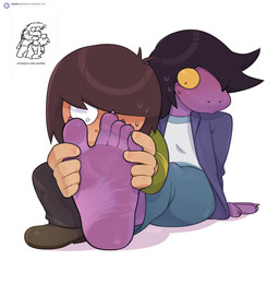 5_toes ambiguous_gender anthro barefoot bodily_fluids claws duo feet female female/ambiguous flustered foot_fetish foot_focus foot_grab hair hair_over_eyes humanoid_feet plantigrade purple_body purple_scales scales simple_background sitting sitting_on_ground soles spiral spiral_eyes sweat sweatdrop toe_claws toes white_background wide_eyed yellow_sclera staerk deltarune undertale_(series) kris_dreemurr susie_(deltarune) human mammal reptile scalie 2025 hi_res reference_image