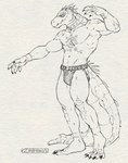 anthro bulge chest_tattoo claws clothing facial_markings head_markings jockstrap male markings muscular pose solo spikes tattoo teeth underwear zinthings dislyte lilith_games daylon_(dislyte) crocodile crocodilian reptile scalie black_and_white hi_res monochrome