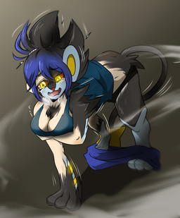 all_fours big_breasts black_body black_fur blue_hair bodily_fluids bra breasts clothing female fur hair human_to_anthro sad shrinking size_transformation solo species_transformation tears transformation underwear worried yellow_eyes spray-poka nintendo pokemon generation_4_pokemon luxray pokemon_(species) hi_res