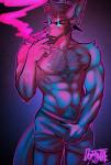 anthro beard body_hair bulge chest_hair cigar clothed clothing facial_hair glowing glowing_eyes male muscular muscular_anthro muscular_male pubes smoke smoke_from_nose smoking solo dominate_(artist) captain_(dominate) canid canine mammal