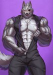 abs anthro barazoku biceps big_muscles blush bodily_fluids bodysuit claws clothed clothing deltoids eye_patch eyebrows eyewear front_view fur glistening glistening_body glistening_fur hair huge_muscles looking_at_viewer male manly muscular muscular_anthro muscular_male navel nipples open_mouth open_smile partially_clothed pecs pubes purple_background seductive shadow simple_background skinsuit smile solo standing sweat teeth tight_clothing tongue tongue_out tuft undressing unzipped vein veiny_abs veiny_arms veiny_muscles zipper yukihoshiak nintendo star_fox wolf_o'donnell canid canine canis mammal wolf 2023 absurd_res hi_res