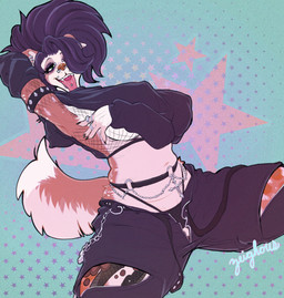 abstract_background alternative_fashion anthro arm_under_breasts armband big_breasts big_hair biped black_bottomwear black_claws black_clothing black_pants bottomwear breasts brown_body brown_fur brown_nose chain claws clothing countershade_torso countershading digit_ring ear_piercing ear_ring eyelashes eyeliner facial_piercing female female_anthro fishnet_clothing fishnet_topwear fur green_eyes hair hair_over_eye jewelry looking_at_viewer makeup midriff multicolored_body multicolored_fur navel nipple_outline nose_piercing open_mouth pants piercing pose purple_eyelids purple_eyeliner purple_hair raised_arm ring_piercing solo studded_armband studs tattoo tongue tongue_piercing topwear under_boob unzipped unzipped_pants white_body white_fur zipper zeighous laura_(soft_rain) canid canine canis domestic_dog mammal 2025 digital_media_(artwork) hi_res signature