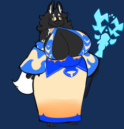 anthro big_breasts black_body black_fur black_hair breasts cleavage cleavage_cutout clothed clothing cutout female fur hair huge_breasts magic_staff magic_user magic_wand wide_hips wizard_robe yellow_eyes denizen1414 atlyss cycilla cycilla_(denizen1414) african_wild_dog canid canine mammal furry absurd_res alpha_channel hi_res