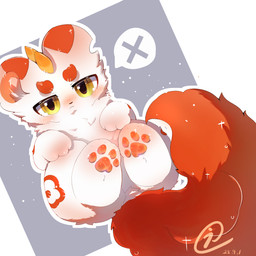 blush blush_lines chibi feet feral fluffy fluffy_tail foot_focus fur fur_markings horn lying male markings multicolored_body multicolored_fur pawpads paws round_ears simple_background solo tail two_tone_body two_tone_fur yellow_eyes young swankycat fabulous_beasts mythology bixie_(fabulous_beasts) mammal mythological_creature pixiu 1:1 2025 hi_res