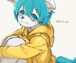 ambiguous_gender anthro black_nose blue_eyes blue_hair blue_tail blush blush_lines bodily_fluids clothed clothing coat crying curled_up fetal_pose fur glistening glistening_clothing glistening_eyes hair hug hugging_legs inner_ear_fluff kemono looking_at_viewer raincoat simple_background sitting solo tail tears text topwear tuft white_background white_body white_ears white_fur white_inner_ear_fluff yellow_raincoat young young_anthro naegi teru_(naegi) canid canine fox mammal 2019 digital_media_(artwork) digital_painting_(artwork) hi_res