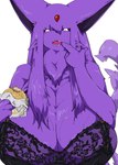 anthro big_breasts big_ears black_bra black_clothing black_underwear bra breasts burger cheek_tuft cleavage clothed clothing facial_tuft fangs female female_anthro fingers food forehead_gem front_view fur gem hair holding_food holding_object huge_breasts humanoid_hands kemono lace lace_bra long_hair looking_at_viewer monotone_body monotone_fur monotone_hair monotone_tail neck_tuft open_mouth pokemorph purple_body purple_ears purple_fur purple_hair purple_inner_ear purple_sclera purple_tail purple_tongue red_gem sharp_teeth simple_background solo tail teeth tongue tuft underwear white_background white_eyes ashi_foot nintendo pokemon eeveelution espeon felid feline generation_2_pokemon mammal pokemon_(species) 2025 absurd_res bust_portrait colored digital_media_(artwork) hi_res portrait shaded