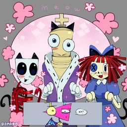 :3 ambiguous_gender black_eyes blue_bow blue_clothing blue_dress blue_eyes blush blush_lines bow_(feature) bow_ribbon chess_piece clothing doll dress fake_cat_ears fake_ears fake_tail fake_whiskers female flower gloves hair handwear male mask paw_pose plant pose purple_clothing purple_robe rag_doll_(toy) red_hair ribbons robe sparkles speech_bubble text toy whiskers white_clothing white_gloves white_handwear pankk0 glitch_productions the_amazing_digital_circus gangle_(tadc) kinger_(tadc) zooble_(tadc) animate_inanimate humanoid living_chess_piece living_doll living_mask living_toy 1:1 english_text hi_res nonbinary_(lore)