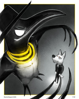 2_toes 3_fingers anthro border claws clothing duo evil_face feet fingers hat headgear headwear looking_up looking_up_at_another male orange_eyes priest smile toes white_body sharkinthepark avian bird canid canine fox mammal penguin 2025 absurd_res hi_res