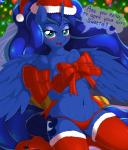 anthro anthrofied blush breasts camel_toe christmas_clothing christmas_headwear clothed clothing cutie_mark dialogue feathered_wings feathers female freckles hair hat headgear headwear holidays horn looking_at_viewer open_mouth santa_hat solo text underwear wings ziemniax christmas friendship_is_magic hasbro my_little_pony mythology princess_luna_(mlp) equid equine mammal mythological_creature mythological_equine winged_unicorn 2016 absurd_res english_text hi_res