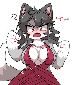 angry anthro big_breasts black_hair breasts clothing dress female fingers fur glistening glistening_clothing glistening_dress grey_body grey_fur hair inner_ear_fluff looking_at_viewer multicolored_body multicolored_fur plunging_neckline red_clothing red_dress red_eyes sideless_dress simple_background solo tuft white_background white_body white_fur domuyang notfurry_(domuyang) canid canine canis mammal wolf 2025 absurd_res digital_media_(artwork) hi_res
