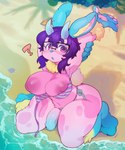 anthro beach big_breasts blue_tongue breasts butt clothing eyewear genitals glasses gynomorph hair intersex inverted_nipples kneeling looking_at_viewer navel nipples penis pink_eyes purple_hair question_mark raised_arms seaside seiza sitting solo thick_thighs tongue wardrobe_malfunction kaeritai07 bun_buns_(bun_buns) lagomorph leporid mammal rabbit hi_res