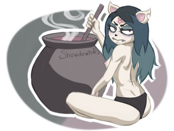 anthro areola black_clothing black_eyes black_nose black_panties black_underwear blue_hair blush blush_lines breasts butt cauldron clothed clothing eyelashes facial_markings fangs female forehead_markings fur hair head_markings long_hair looking_at_viewer looking_back looking_back_at_viewer markings nipples notched_ear occult_symbol panties panties_only pentagram pink_areola pink_nipples rear_view sitting solo symbol teeth thick_thighs topless underwear underwear_only white_body white_fur wide_hips jagonda cartoon_hangover the_summoning claire_(the_summoning) domestic_cat felid feline felis mammal