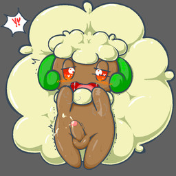 balls blonde_hair blush bodily_fluids brown_body chibi cum cumshot ejaculation genital_fluids genitals grey_background hair hands-free heart_eyes heart_symbol humanoid_genitalia humanoid_penis male open_mouth penis plant red_eyes simple_background solo young sanusanu nintendo pokemon elemental_creature flora_fauna generation_5_pokemon pokemon_(species) whimsicott 1:1