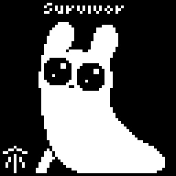 1-bit ambiguous_gender big_eyes black_background black_eyes ears_up featureless_chest feral glistening glistening_eyes looking_at_viewer o_o simple_background small_mouth solo standing symbol tail text white_body tiena rain_world videocult survivor_(rain_world) slugcat 1:1 2026 black_and_white digital_media_(artwork) english_text low_res monochrome pixel_(artwork)
