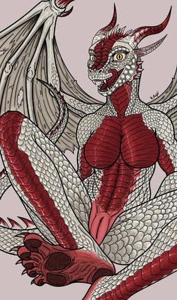anthro big_breasts breasts claws curvy_figure detailed_scales fangs feet female genitals horn humanoid_feet looking_at_viewer markings membrane_(anatomy) membranous_wings multi_horn nude open_mouth pawpads plantigrade presenting pupils red_body red_markings red_scales scales sharp_teeth sitting slit_pupils smile solo spread_legs spreading tail teeth toothy_smile vulva white_body white_scales wings yellow_eyes nifteris mythology dragon mythological_creature mythological_scalie scalie colored detailed digital_drawing_(artwork) digital_media_(artwork) hi_res line_art shaded