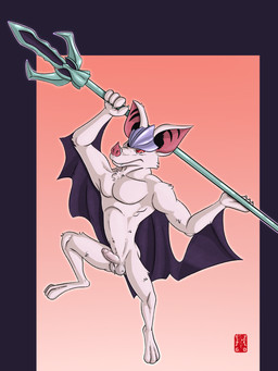 anthro armor attack balls big_ears blue_border border fangs flaccid foreskin fur genitals gradient_background headgear helmet holding_object holding_weapon humanoid_genitalia humanoid_penis looking_at_viewer male melee_weapon navel pecs penis polearm red_eyes simple_background solo teeth trident weapon white_body white_fur wings garo_(artist) mina_the_hollower yacht_club_games thorne_(mina_the_hollower) bat mammal 2026 3:4 absurd_res digital_media_(artwork) hi_res signature