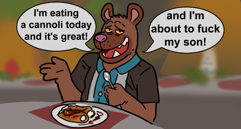 anthro biped brown_body clothing dialogue food humor open_mouth profanity shirt solo stated_incest text topwear glass0milk daxton_(bowserboy101) canid canine mammal 2026 english_text meme reaction_image father_(lore) incest_(lore) parent_(lore)