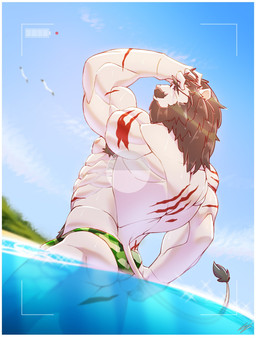 anthro armpit_hair back_muscles beach beard big_muscles black_hair body_hair butt camera_view clothing facial_hair fur hair humanoid_hands male mane mature_anthro mature_male muscular muscular_anthro muscular_male mustache nipples pink_nipples pink_nose scar seaside solo speedo standing swimwear water wet white_body white_fur isuruki_kotetsu gio_madfang felid lion mammal pantherine 2020 hi_res