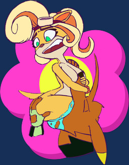 anthro bodily_fluids breasts clothing drooling eyewear eyewear_on_head featureless_breasts female fingerless_gloves gloves goggles goggles_on_head hand_on_butt hand_on_shoulder handwear male male/female saliva vore chaoshetra activision crash_bandicoot_(series) coco_bandicoot cyote bandicoot canid canine canis coyote mammal marsupial alpha_channel hi_res