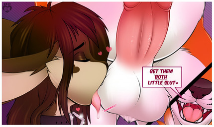 ambiguous_gender anthro anthro_on_anthro ball_lick balls belly bodily_fluids brown_body brown_fur collar cutaway dialogue dripping duo erection eyes_closed fur genitals hair heart_symbol interspecies licking long_hair male multicolored_body multicolored_fur open_mouth oral orange_body orange_fur penis saliva saliva_drip sex simple_background slightly_chubby sound_effects teeth text tongue two_tone_body two_tone_fur bunniehkins canid canine fox lagomorph mammal 2017 signature