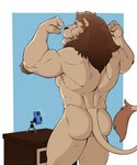 anthro butt caught electronics flexing looking_back male mane muscular muscular_male nude phone solo leolex felid feline lion mammal pantherine absurd_res hi_res