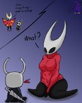 2024 2_horns anthro artist_logo artist_name big_breasts black_eyes black_legs black_text breasts clothing dialogue digital_media_(artwork) duo english_text female hi_res hollow_knight horn hornet_(hollow_knight) logo looking_at_another male mouthless nail_(weapon) nonbinary_(lore) noseless question question_mark shadow sibling_(lore) simple_background sister_(lore) sitting six343 standing sweater talking_to_another team_cherry text the_knight_(hollow_knight) topwear vessel_(species) weapon weapon_on_back white_head